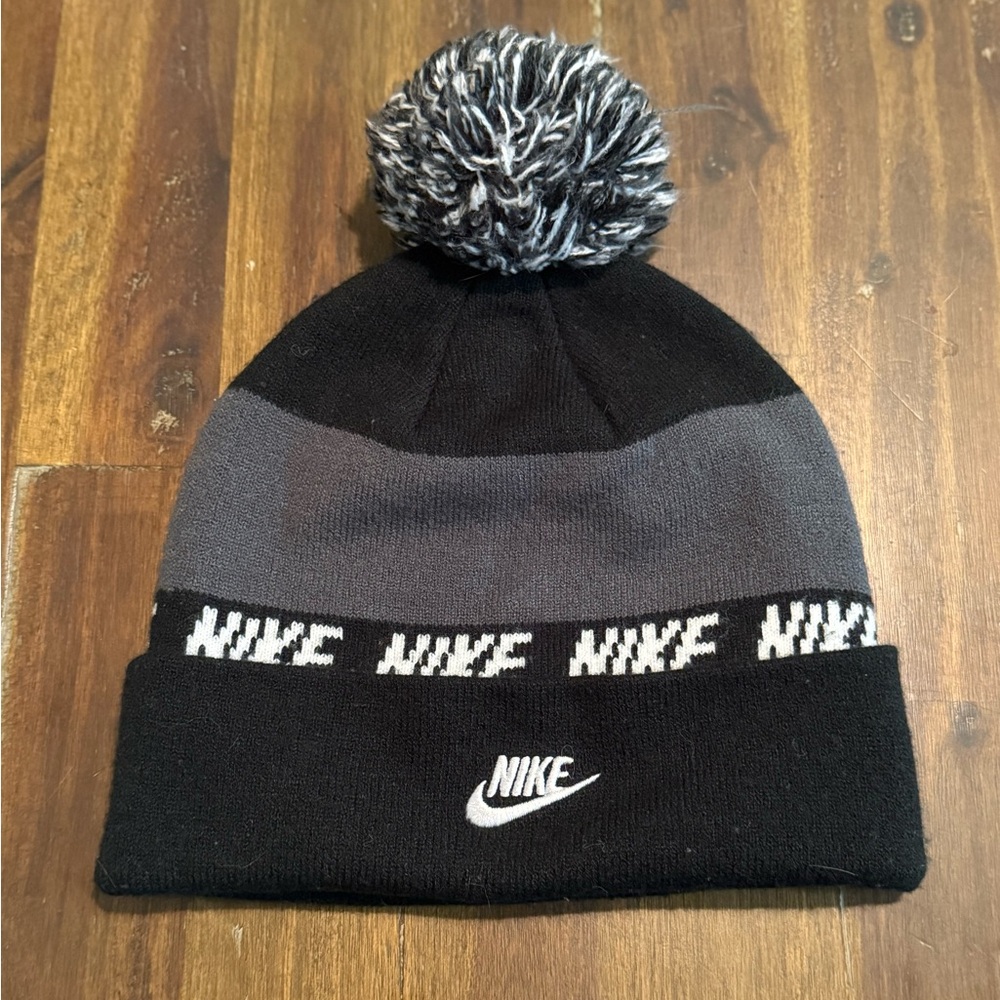 Kids Nike Black and Gray Knit Beanie with Pom